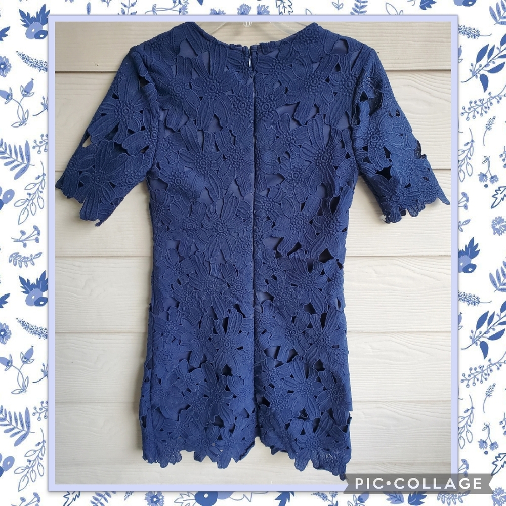miami by Francesca's Navy Blue Floral Lace Overlay Above-the-knee Sheath Dress - Picture 16 of 16